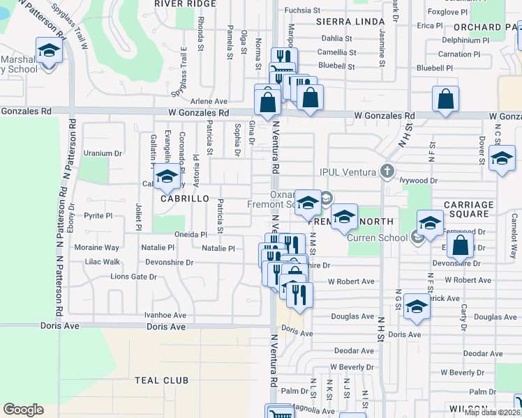 map of restaurants, bars, coffee shops, grocery stores, and more near 1308 Gina Drive in Oxnard