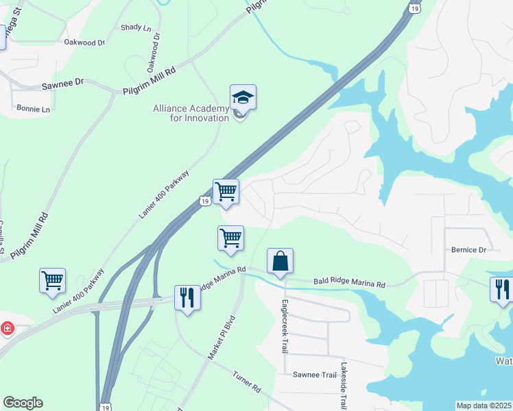 map of restaurants, bars, coffee shops, grocery stores, and more near 1256 Elderwood Way in Cumming