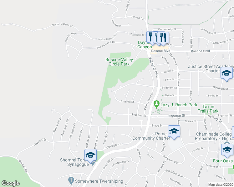 map of restaurants, bars, coffee shops, grocery stores, and more near 24067 Arminta Street in Los Angeles