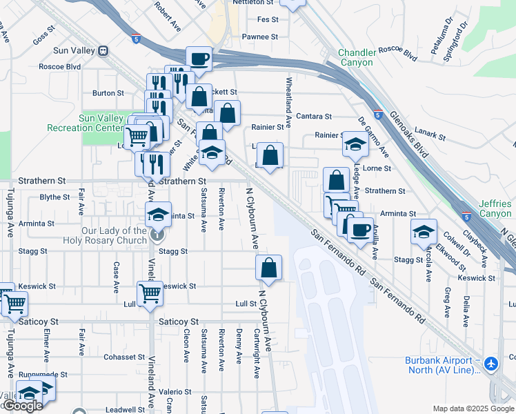 map of restaurants, bars, coffee shops, grocery stores, and more near 7965 San Fernando Rd in Sun Valley