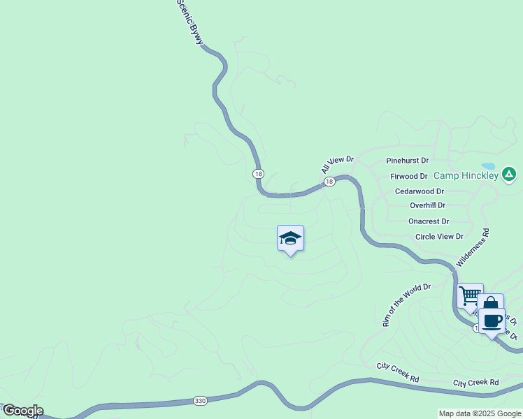 map of restaurants, bars, coffee shops, grocery stores, and more near 30955 Scenic Way in Running Springs
