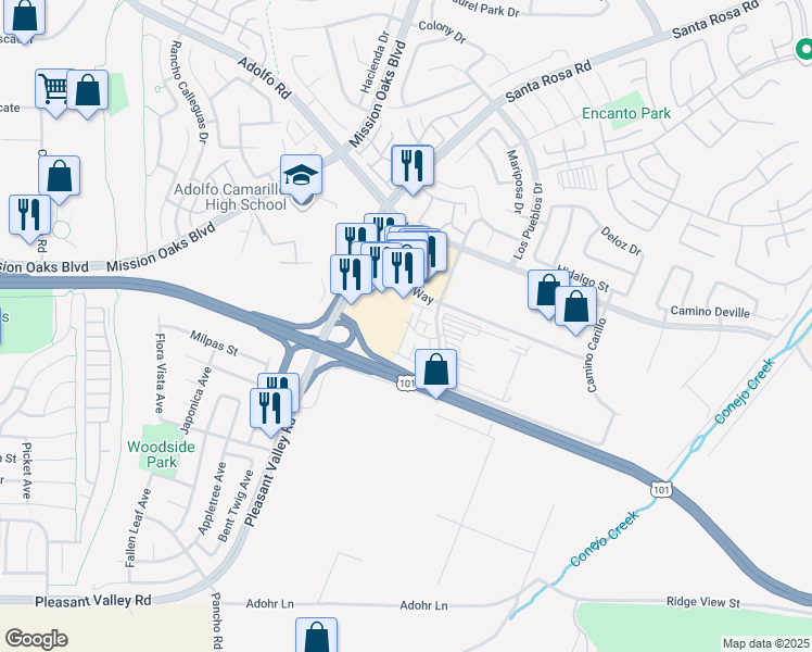 map of restaurants, bars, coffee shops, grocery stores, and more near 401 Castiano Street in Camarillo