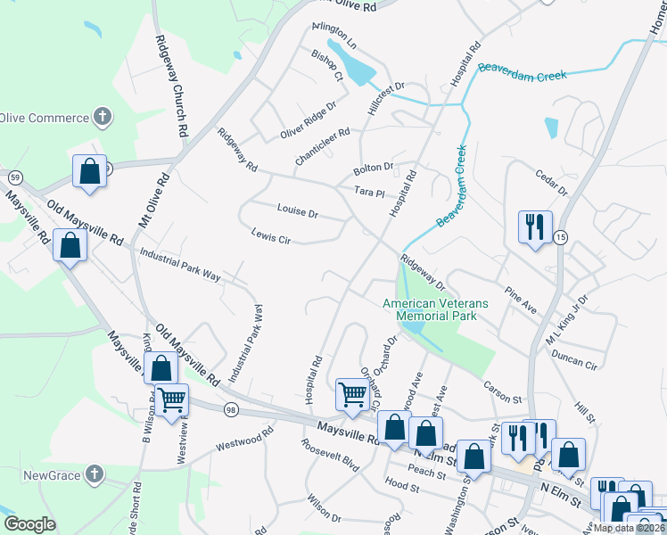map of restaurants, bars, coffee shops, grocery stores, and more near 119 Lewis Circle in Commerce
