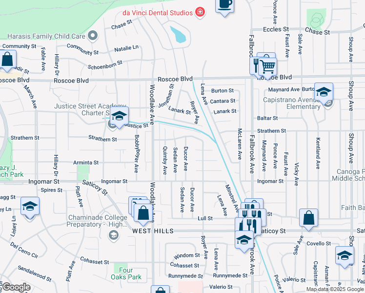 map of restaurants, bars, coffee shops, grocery stores, and more near 23032 Strathern Street in Los Angeles