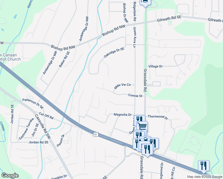 map of restaurants, bars, coffee shops, grocery stores, and more near 19 Connie Street in Cartersville