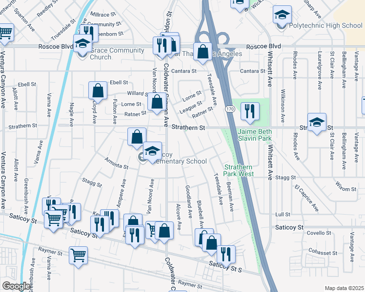 map of restaurants, bars, coffee shops, grocery stores, and more near 7914 Goodland Avenue in Los Angeles