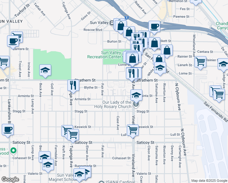 map of restaurants, bars, coffee shops, grocery stores, and more near 11107 Arminta Street in Los Angeles