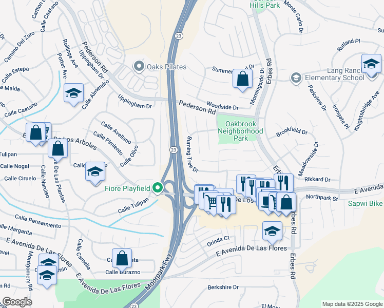 map of restaurants, bars, coffee shops, grocery stores, and more near 1569 Burning Tree Drive in Thousand Oaks
