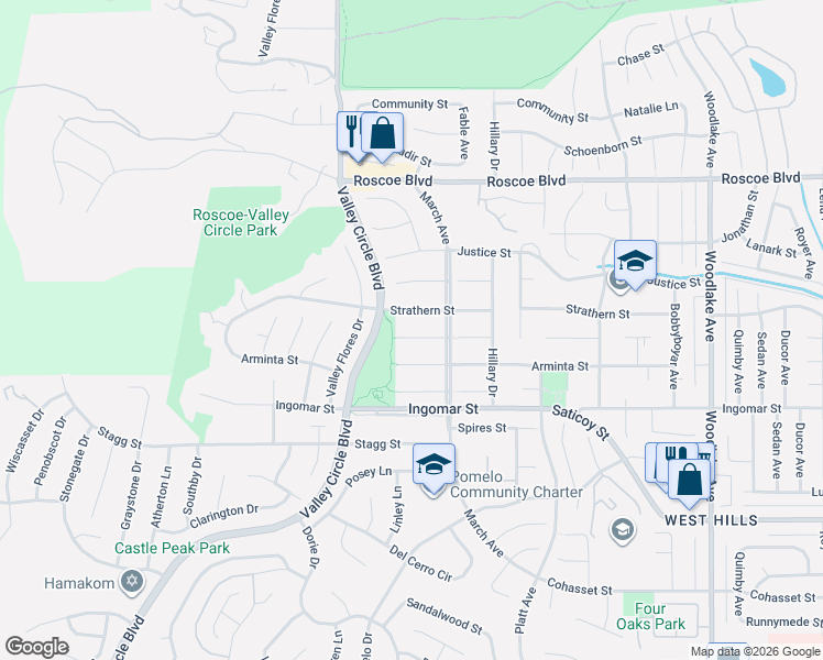 map of restaurants, bars, coffee shops, grocery stores, and more near 23701 Blythe Street in Los Angeles