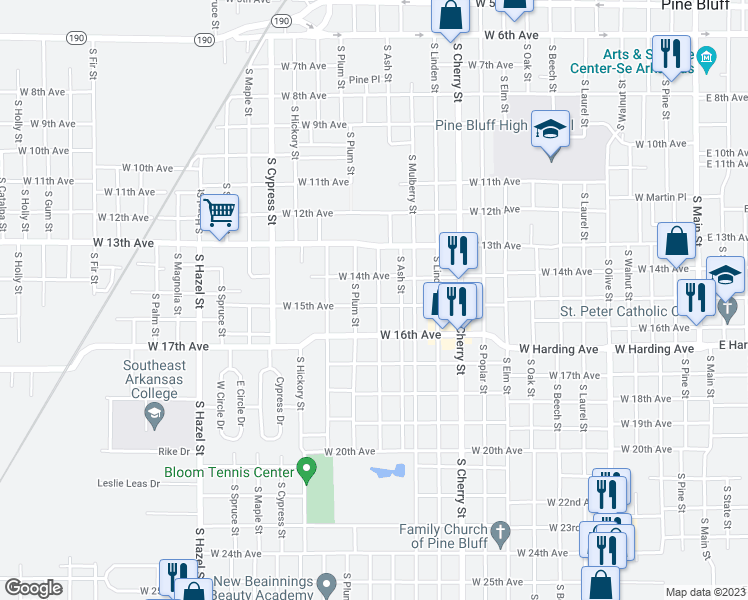 map of restaurants, bars, coffee shops, grocery stores, and more near 1515 West 15th Avenue in Pine Bluff
