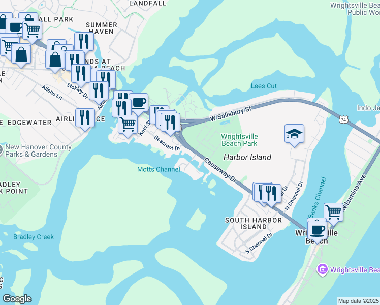 map of restaurants, bars, coffee shops, grocery stores, and more near 316 Causeway Drive in Wrightsville Beach