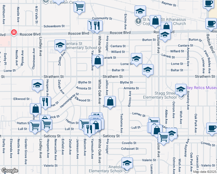 map of restaurants, bars, coffee shops, grocery stores, and more near 7914 Jellico Avenue in Los Angeles