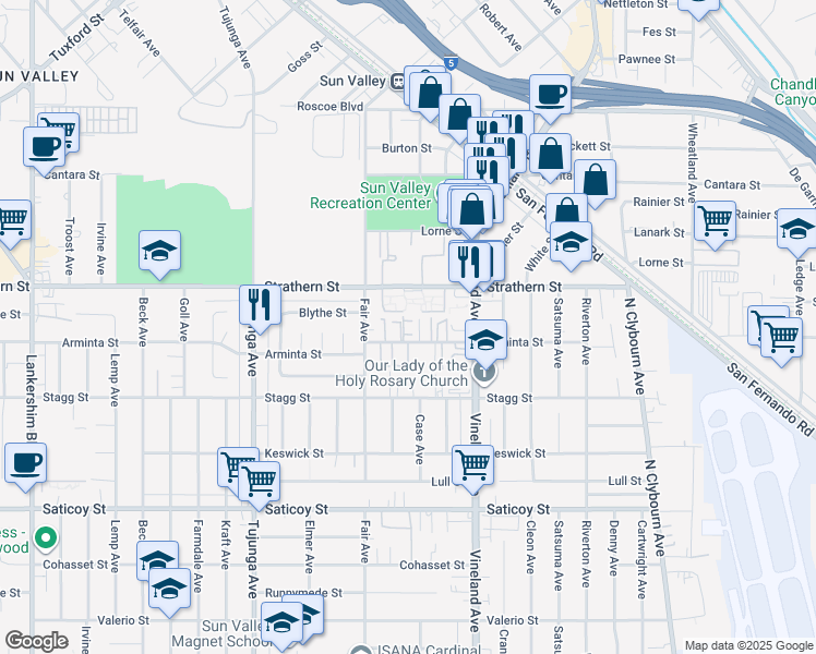 map of restaurants, bars, coffee shops, grocery stores, and more near 11107 Arminta Street in Los Angeles