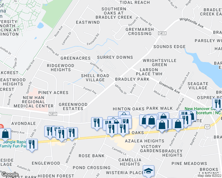 map of restaurants, bars, coffee shops, grocery stores, and more near 5718 Wrightsville Avenue in Wilmington