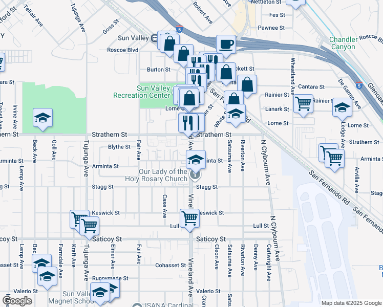map of restaurants, bars, coffee shops, grocery stores, and more near 7935 Vineland Avenue in Los Angeles