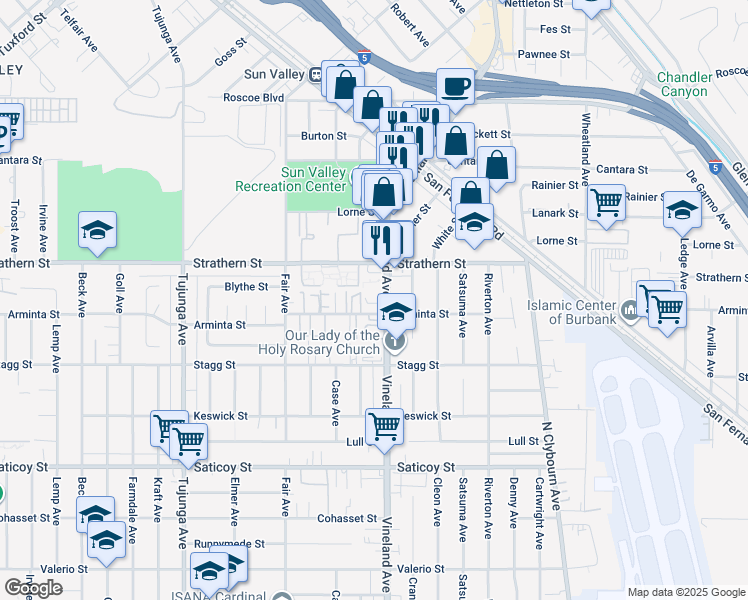 map of restaurants, bars, coffee shops, grocery stores, and more near 7935 Vineland Avenue in Los Angeles