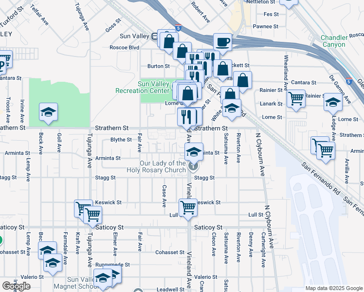 map of restaurants, bars, coffee shops, grocery stores, and more near 7935 Vineland Avenue in Los Angeles