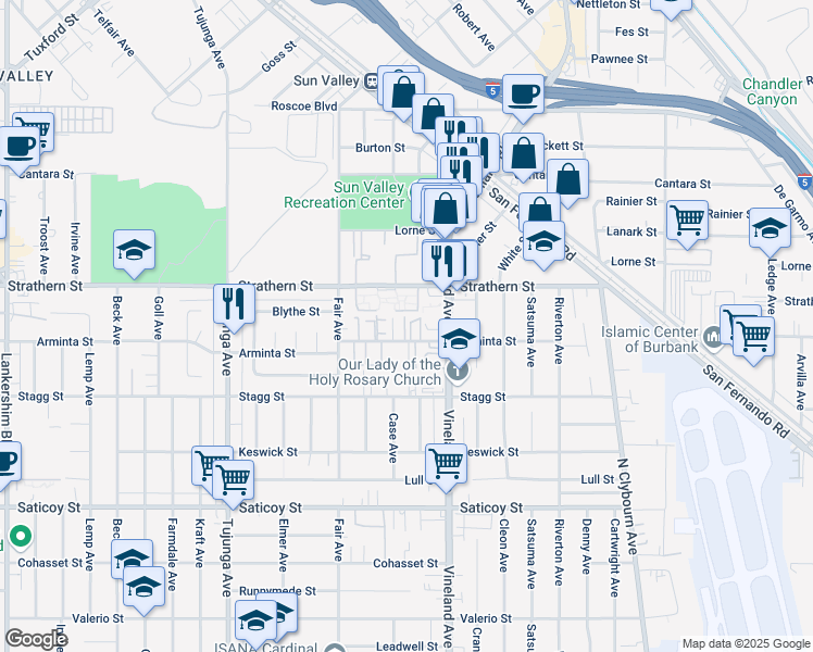 map of restaurants, bars, coffee shops, grocery stores, and more near 11100 Strathern Street in Los Angeles