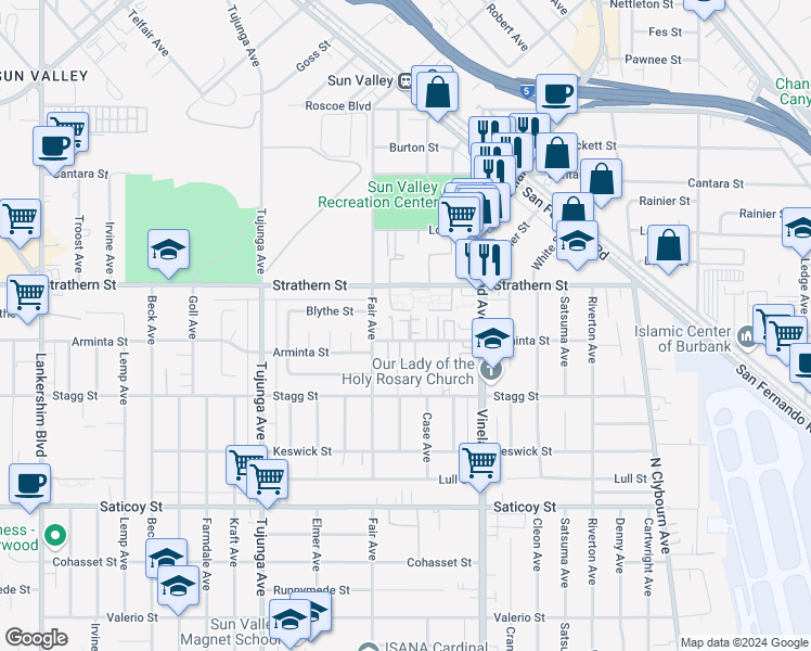 map of restaurants, bars, coffee shops, grocery stores, and more near 7940 Fair Avenue in Los Angeles