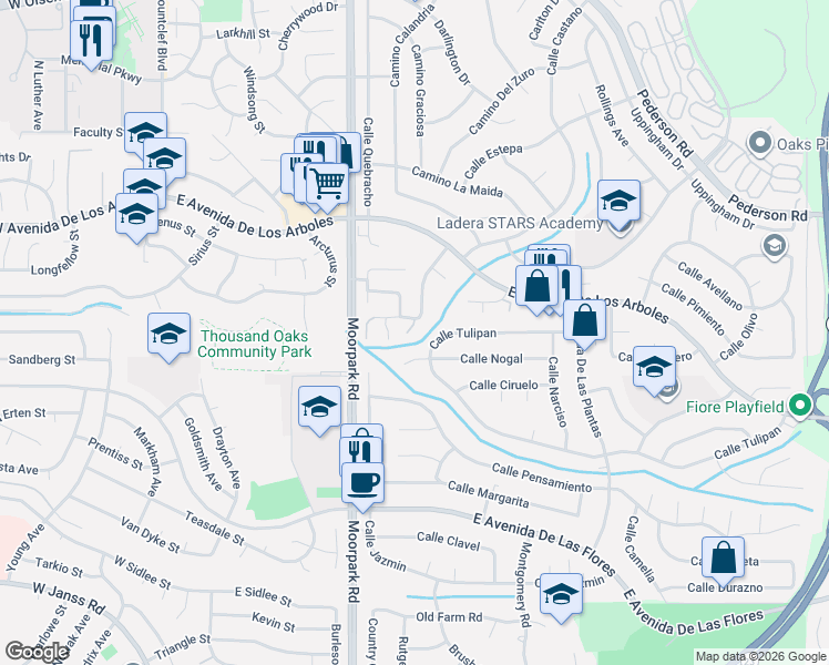 map of restaurants, bars, coffee shops, grocery stores, and more near 2611 Calle Abedul in Thousand Oaks