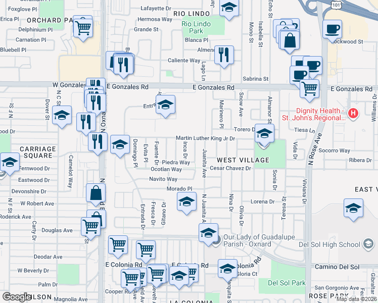 map of restaurants, bars, coffee shops, grocery stores, and more near 1351 Inca Drive in Oxnard