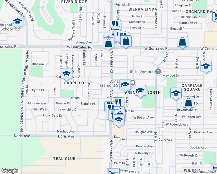 map of restaurants, bars, coffee shops, grocery stores, and more near 1440 Huntswood Way in Oxnard