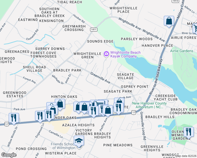 map of restaurants, bars, coffee shops, grocery stores, and more near 240 Greenville Avenue in Wilmington