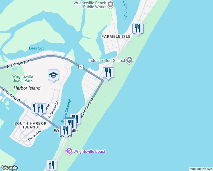 map of restaurants, bars, coffee shops, grocery stores, and more near 9 East Greensboro Street in Wrightsville Beach
