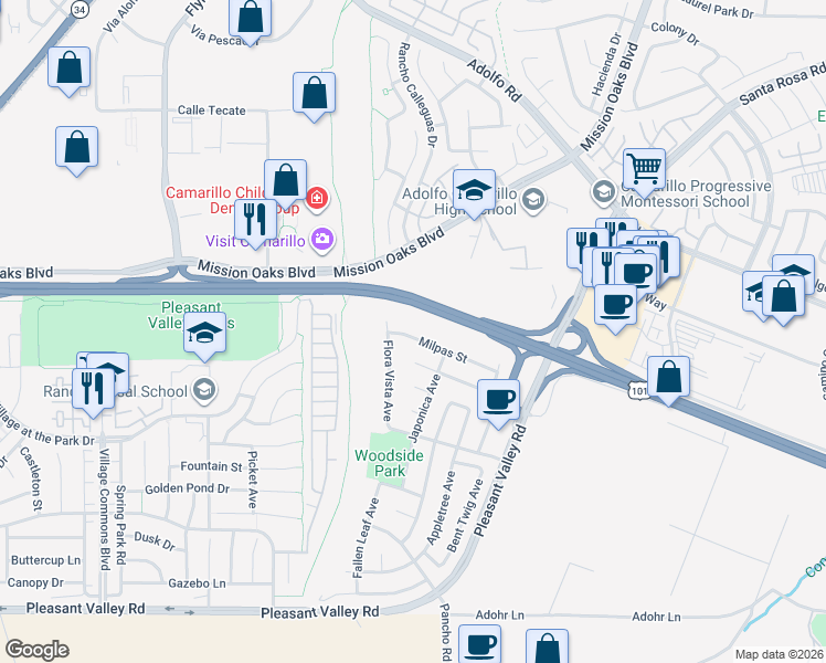 map of restaurants, bars, coffee shops, grocery stores, and more near 4363 Milpas Street in Camarillo