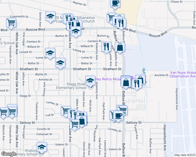 map of restaurants, bars, coffee shops, grocery stores, and more near 7922 Amestoy Avenue in Los Angeles