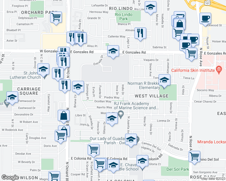 map of restaurants, bars, coffee shops, grocery stores, and more near 1310 Hacienda Drive in Oxnard