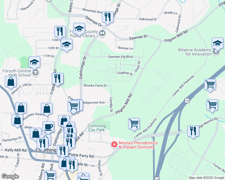 map of restaurants, bars, coffee shops, grocery stores, and more near 213 Camilla Street in Cumming