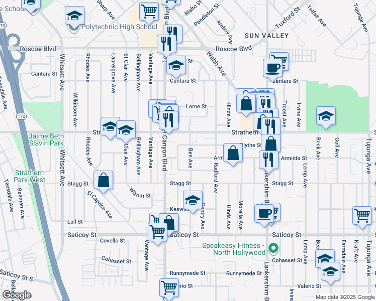 map of restaurants, bars, coffee shops, grocery stores, and more near 7917 Ben Avenue in Los Angeles