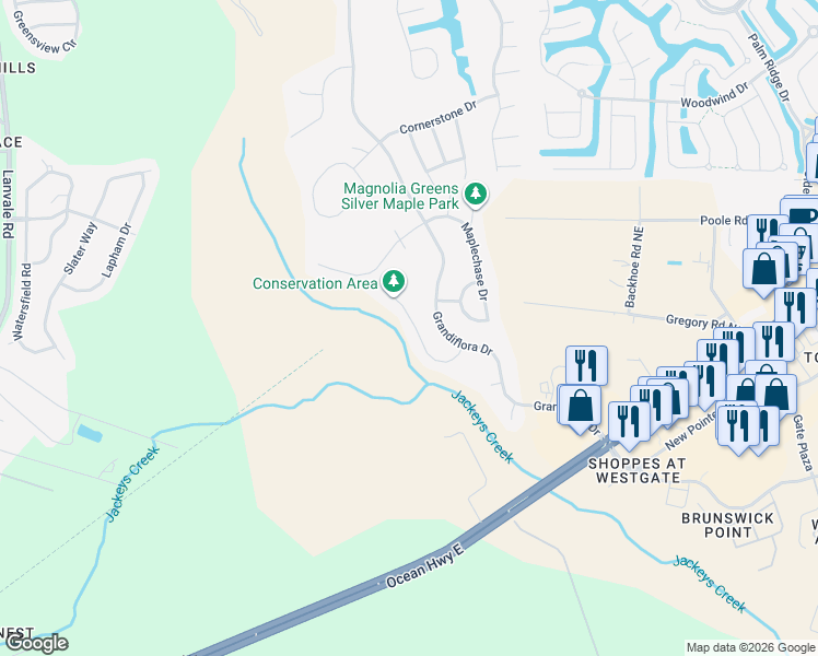 map of restaurants, bars, coffee shops, grocery stores, and more near 1026 Cherrywood Court in Leland