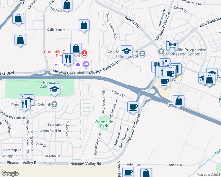 map of restaurants, bars, coffee shops, grocery stores, and more near 4363 Milpas Street in Camarillo