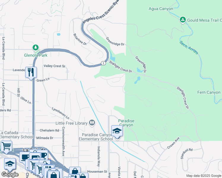 map of restaurants, bars, coffee shops, grocery stores, and more near 731 Starlight Heights Drive in La Cañada Flintridge