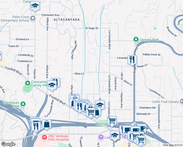map of restaurants, bars, coffee shops, grocery stores, and more near 1326 Olive Lane in La Cañada Flintridge