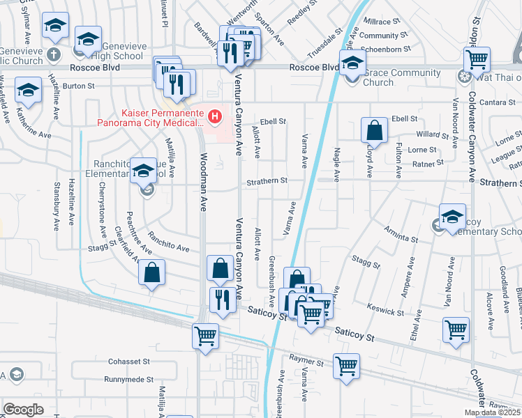 map of restaurants, bars, coffee shops, grocery stores, and more near 7918 Allott Avenue in Los Angeles