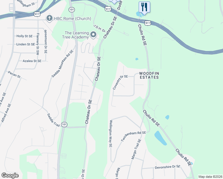 map of restaurants, bars, coffee shops, grocery stores, and more near 18 Coventry Drive Southeast in Rome