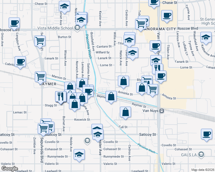 map of restaurants, bars, coffee shops, grocery stores, and more near 7846 Willis Avenue in Los Angeles