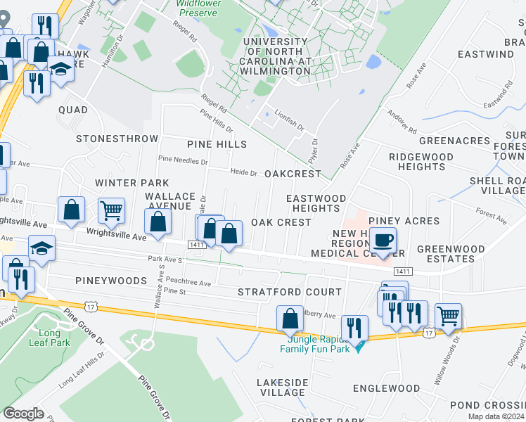 map of restaurants, bars, coffee shops, grocery stores, and more near 211 Oak Leaf Drive in Wilmington