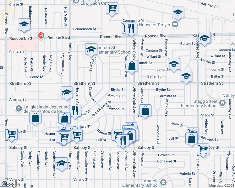 map of restaurants, bars, coffee shops, grocery stores, and more near 17801 Arminta Street in Los Angeles