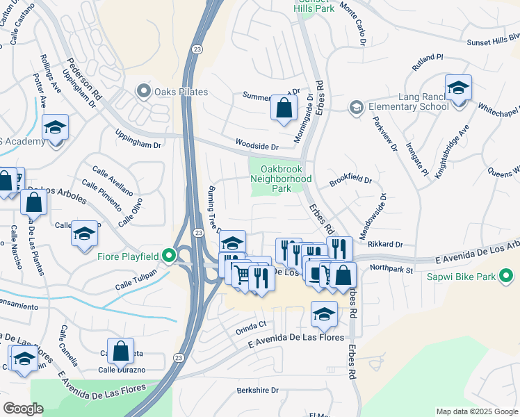 map of restaurants, bars, coffee shops, grocery stores, and more near 2640 Briarwood Place in Thousand Oaks