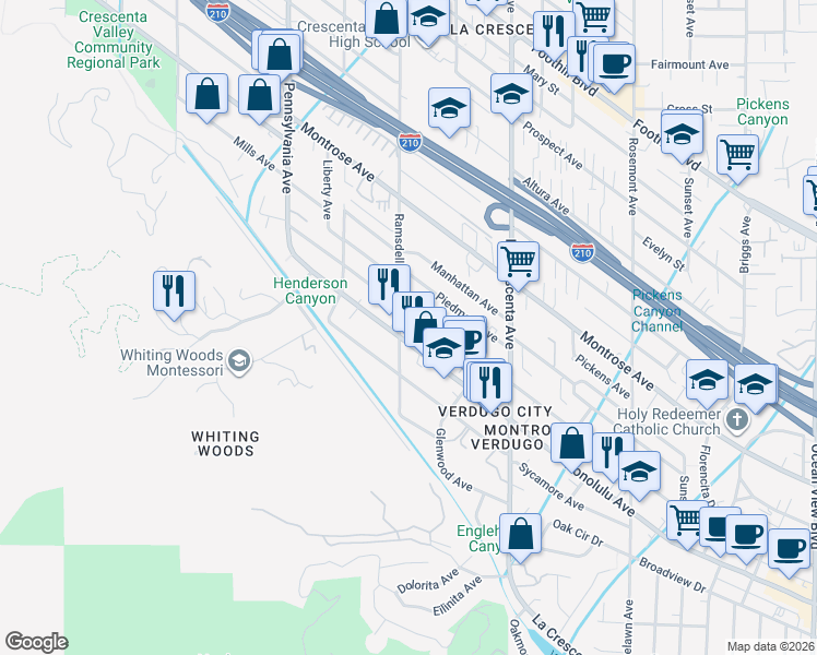 map of restaurants, bars, coffee shops, grocery stores, and more near 3810 Ramsdell Avenue in Glendale