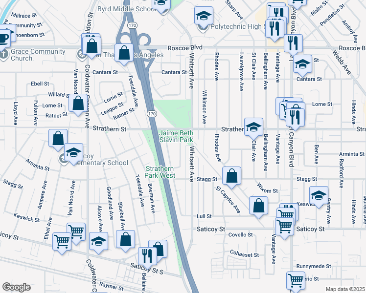 map of restaurants, bars, coffee shops, grocery stores, and more near 7914 Vanscoy Avenue in Los Angeles