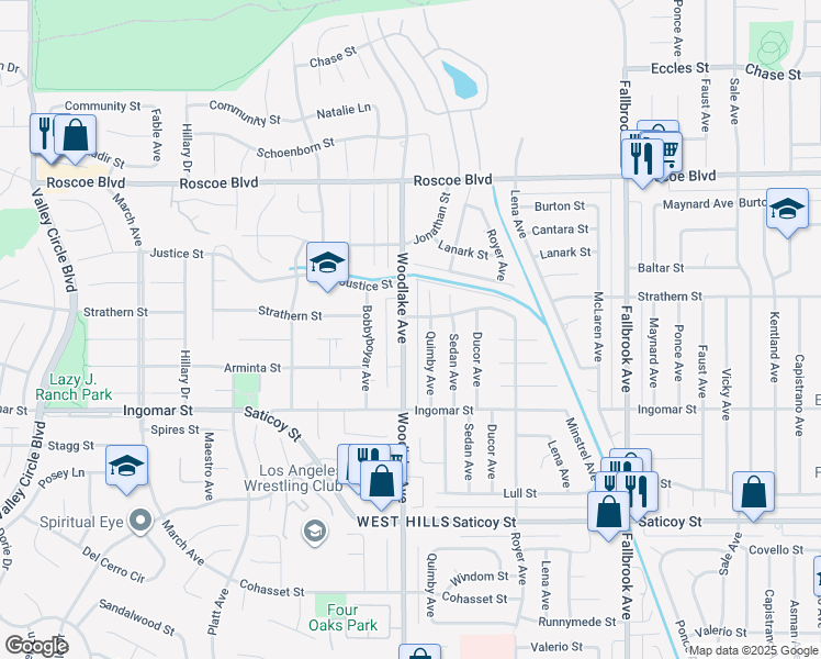 map of restaurants, bars, coffee shops, grocery stores, and more near 7932 Woodlake Avenue in Los Angeles