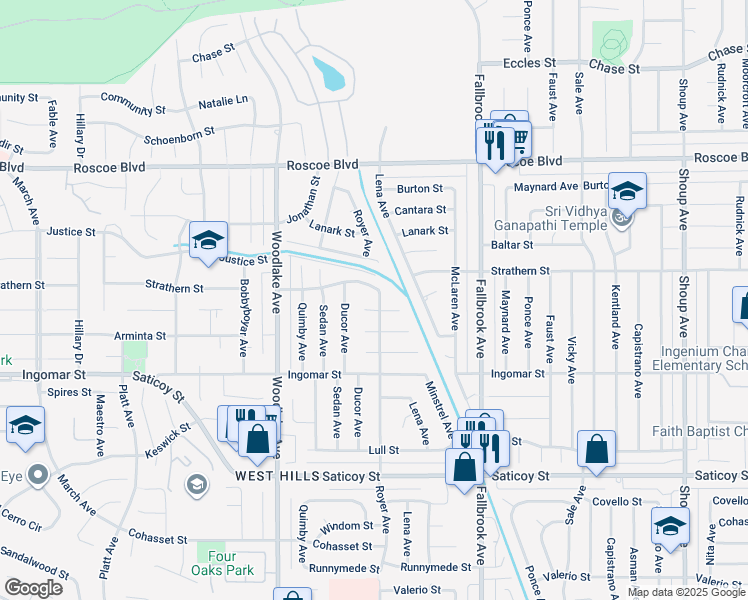 map of restaurants, bars, coffee shops, grocery stores, and more near 7925 Royer Avenue in Los Angeles