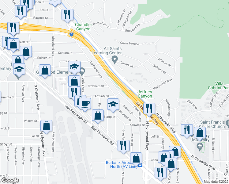 map of restaurants, bars, coffee shops, grocery stores, and more near 7910 De Garmo Avenue in Los Angeles