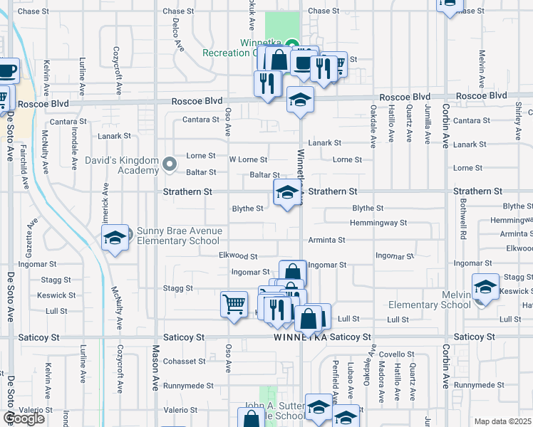 map of restaurants, bars, coffee shops, grocery stores, and more near 20208 Blythe Street in Los Angeles