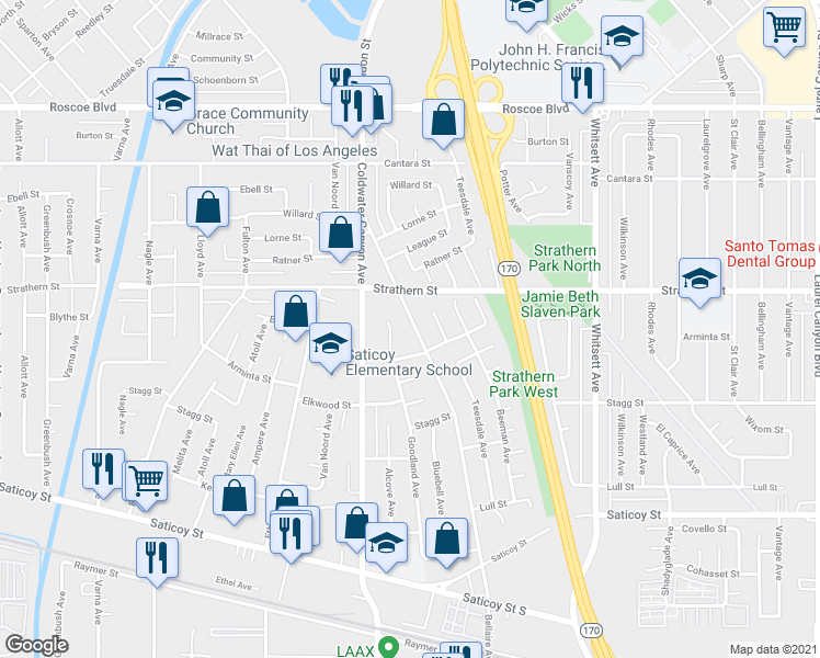 map of restaurants, bars, coffee shops, grocery stores, and more near 7923 Bellaire Avenue in Los Angeles